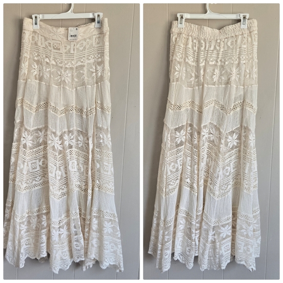 Free People Rebel Rebel Maxi Skirt FLAW Crochet Lace Cream Slit Boho Festival L - Picture 3 of 13